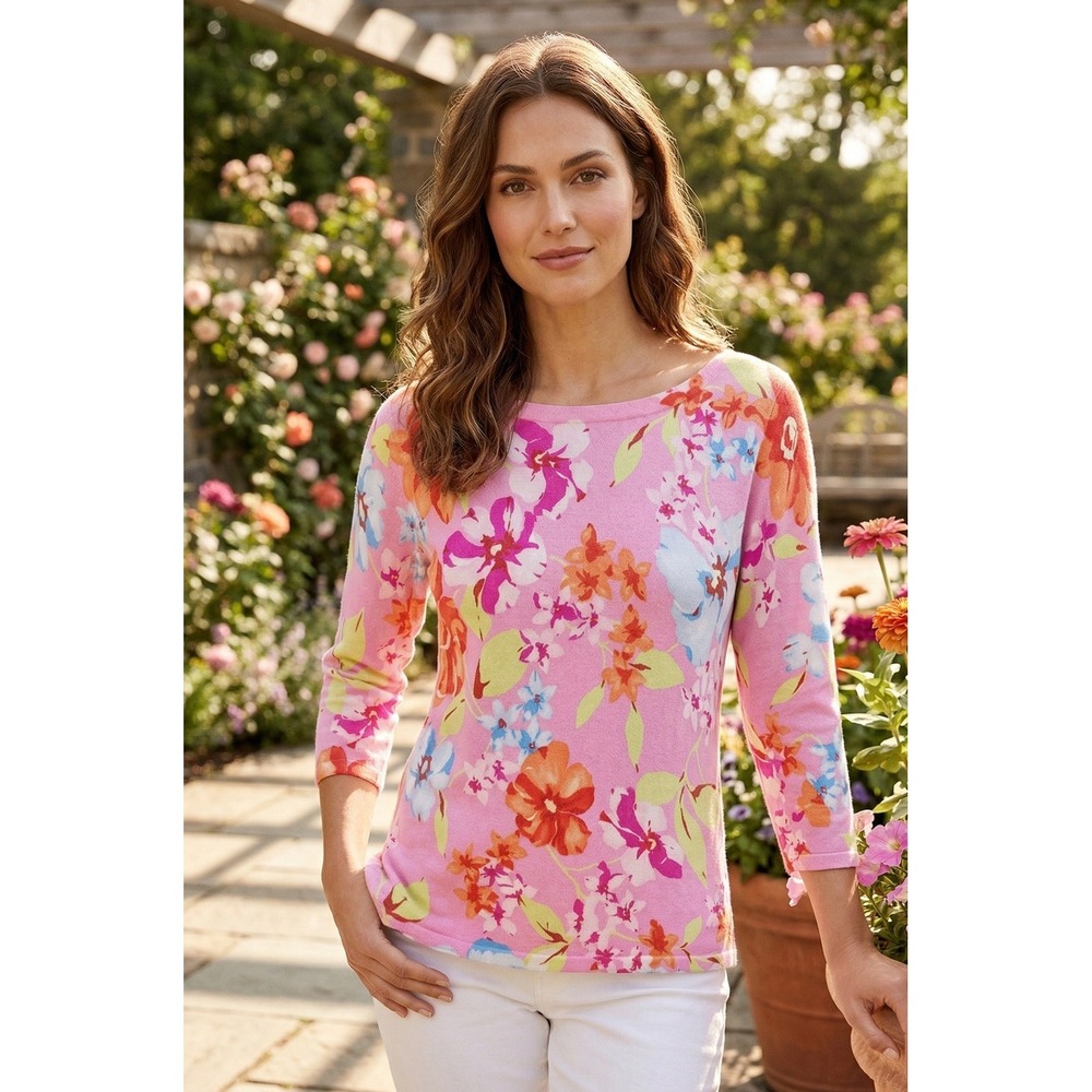 Lauren Ralph Lauren Floral Silk Blend 3/4 Sleeve Boat Neck Sweater Sz L Vacation